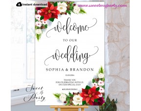 Winter Wedding welcome sign template,Poinsettia Wedding welcome sign,(154)